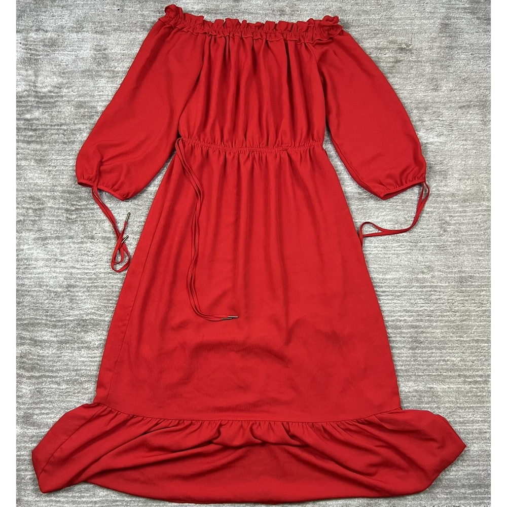 Sugar + Lips Dress Womens S Red Off Shoulder Midi Ruffle Flounce‎ Elastic Waist